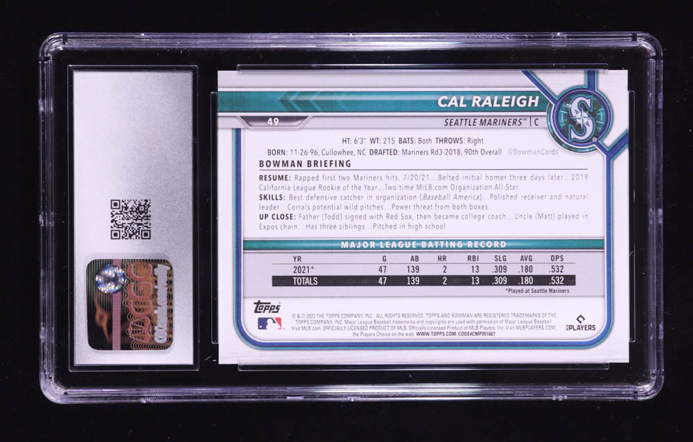 Cal Raleigh 2022 Bowman #49 RC (CGC 10) at PristineAuction.com Cal Raleigh 2022 Bowman #49 RC (CGC 10) at PristineAuction.com