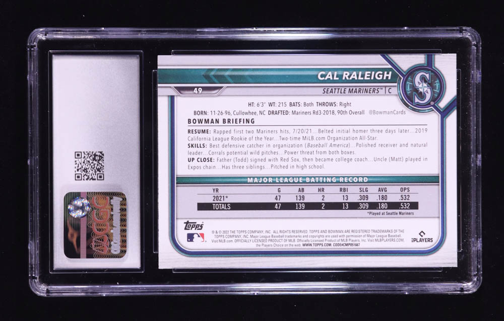 Cal Raleigh 2022 Bowman #49 RC (CGC 10) at PristineAuction.com Cal Raleigh 2022 Bowman #49 RC (CGC 10) at PristineAuction.com
