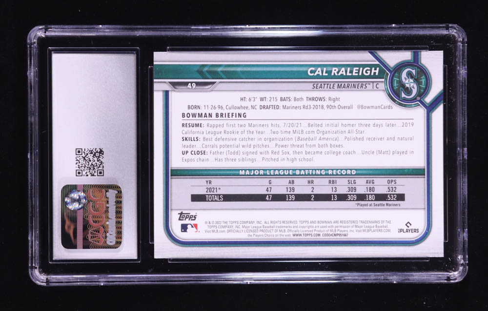 Cal Raleigh 2022 Bowman #49 RC (CGC 10) at PristineAuction.com Cal Raleigh 2022 Bowman #49 RC (CGC 10) at PristineAuction.com