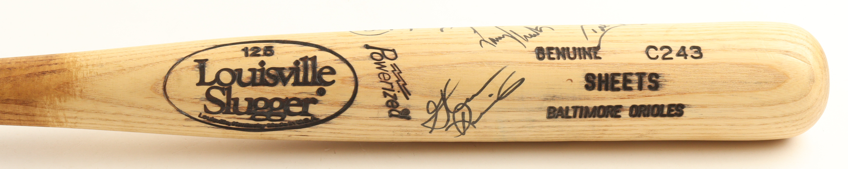 Circa 1991 Orioles Louisville Slugger Baseball Bat Signed By (4) With Cal Ripken Jr., Cal Ripken Sr., Glenn Davis & Larry Sheets (Beckett) at PristineAuction.com Circa 1991 Orioles Louisville Slugger Baseball Bat Signed By (4) With Cal Ripken Jr., Cal Ripken Sr., Glenn Davis & Larry Sheets (Beckett) at PristineAuction.com