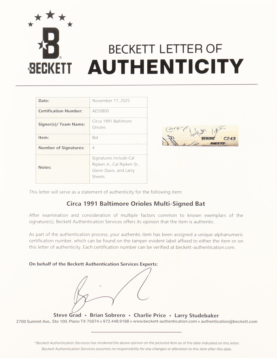 Circa 1991 Orioles Louisville Slugger Baseball Bat Signed By (4) With Cal Ripken Jr., Cal Ripken Sr., Glenn Davis & Larry Sheets (Beckett) at PristineAuction.com Circa 1991 Orioles Louisville Slugger Baseball Bat Signed By (4) With Cal Ripken Jr., Cal Ripken Sr., Glenn Davis & Larry Sheets (Beckett) at PristineAuction.com