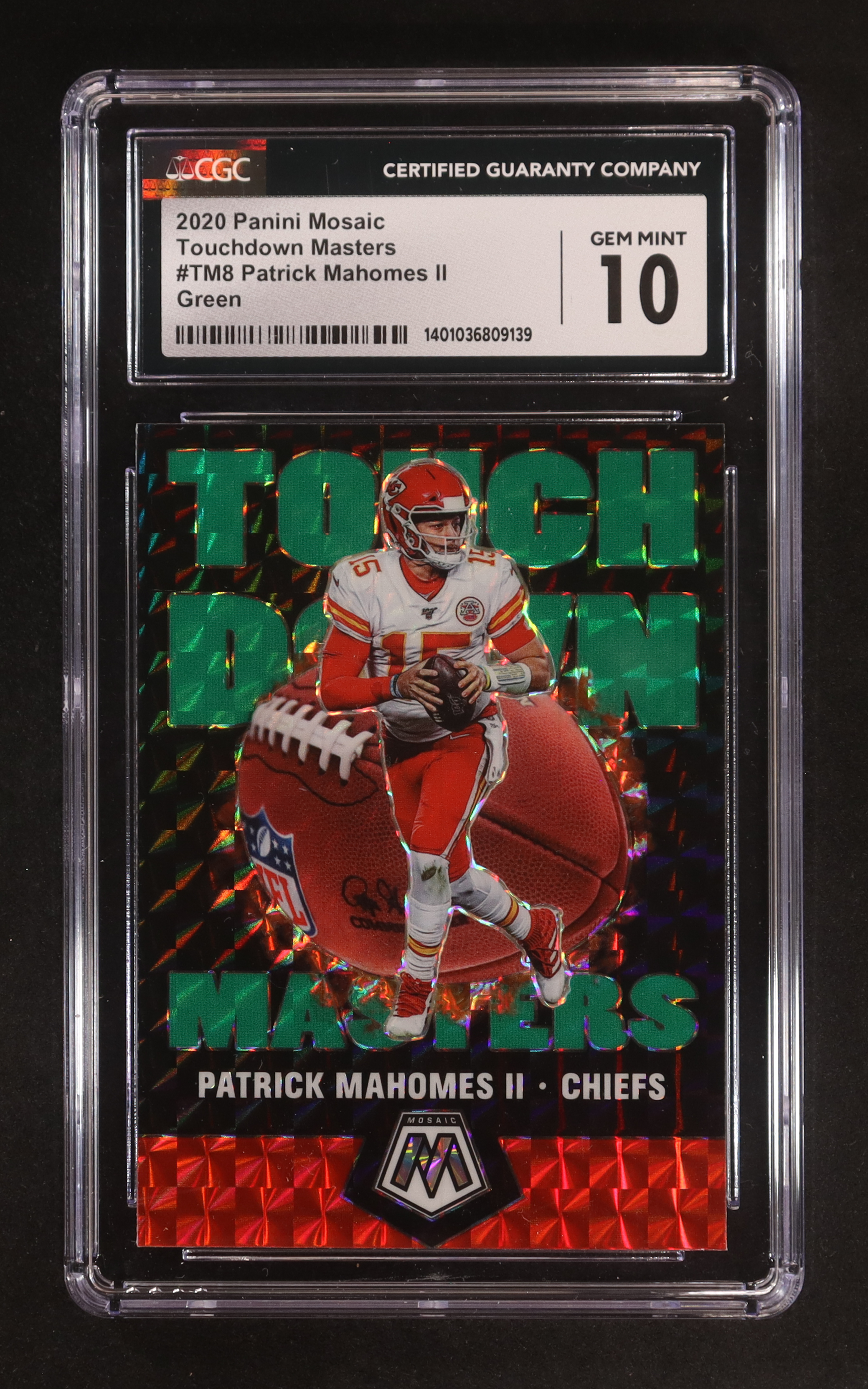 Patrick Mahomes II 2020 Panini Mosaic Touchdown Masters Mosaic Green #TM8 (CGC 10) at PristineAuction.com Patrick Mahomes II 2020 Panini Mosaic Touchdown Masters Mosaic Green #TM8 (CGC 10) at PristineAuction.com