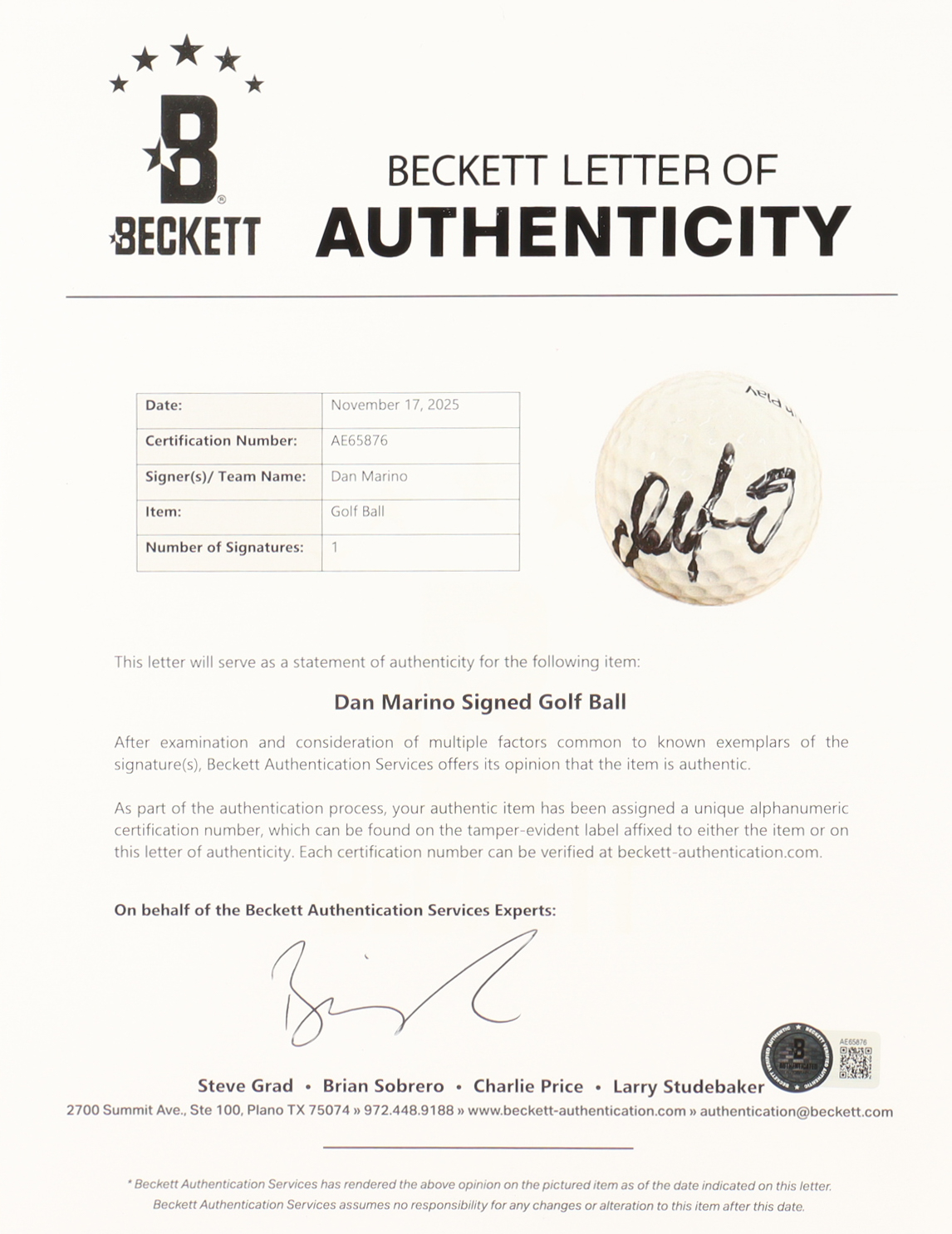 Dan Marino Signed Match Play Golf Ball (Beckett) at PristineAuction.com Dan Marino Signed Match Play Golf Ball (Beckett) at PristineAuction.com