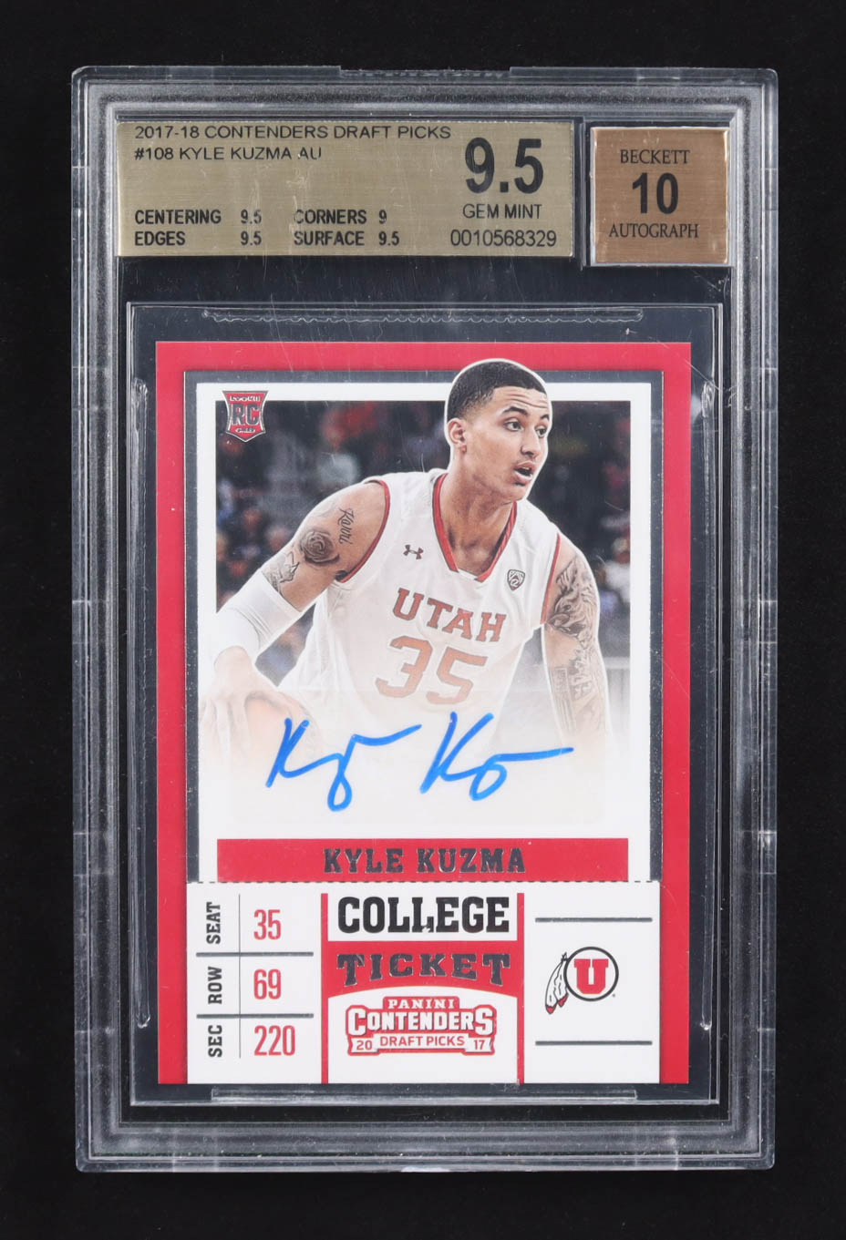 Kyle Kuzma 2017-18 Panini Contenders Draft Picks College Ticket Auto #108 RC (BGS 9.5 | Autograph Graded BGS 10) at PristineAuction.com Kyle Kuzma 2017-18 Panini Contenders Draft Picks College Ticket Auto #108 RC (BGS 9.5 | Autograph Graded BGS 10) at PristineAuction.com