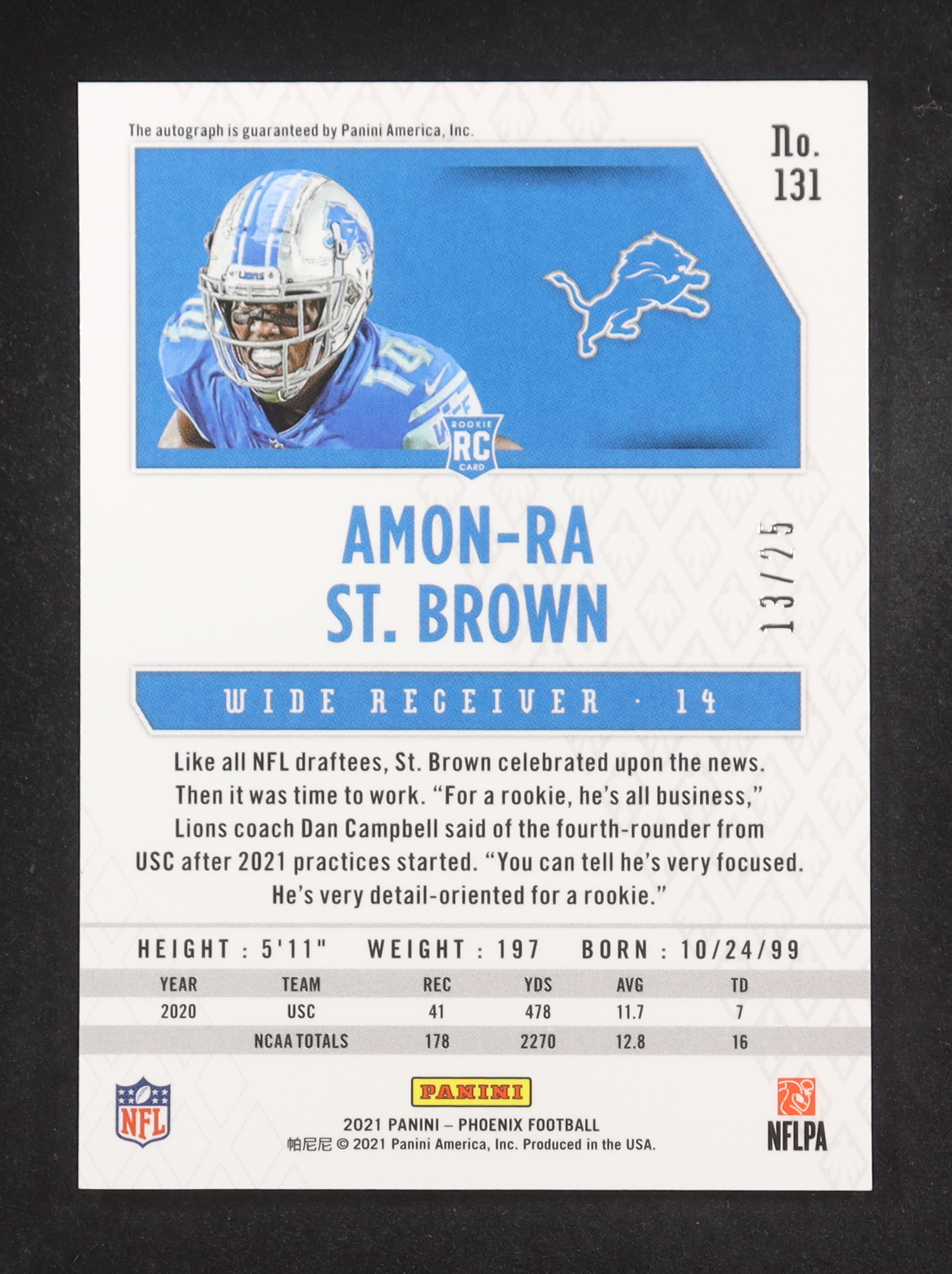 Amon-Ra St. Brown 2021 Panini Phoenix Rookie Autographs Orange #131 RC #13/25 at PristineAuction.com Amon-Ra St. Brown 2021 Panini Phoenix Rookie Autographs Orange #131 RC #13/25 at PristineAuction.com