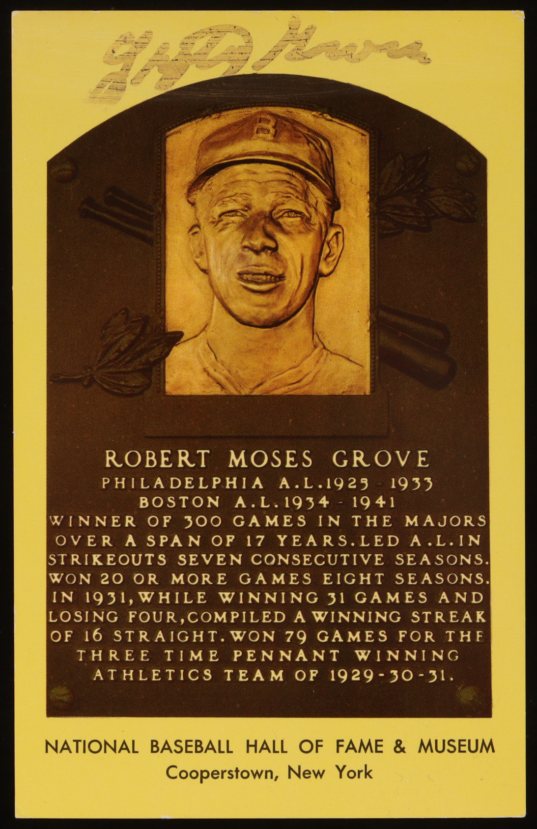 Robert "Lefty" Grove Signed Hall of Fame Plaque Postcard (Beckett) at PristineAuction.com Robert "Lefty" Grove Signed Hall of Fame Plaque Postcard (Beckett) at PristineAuction.com