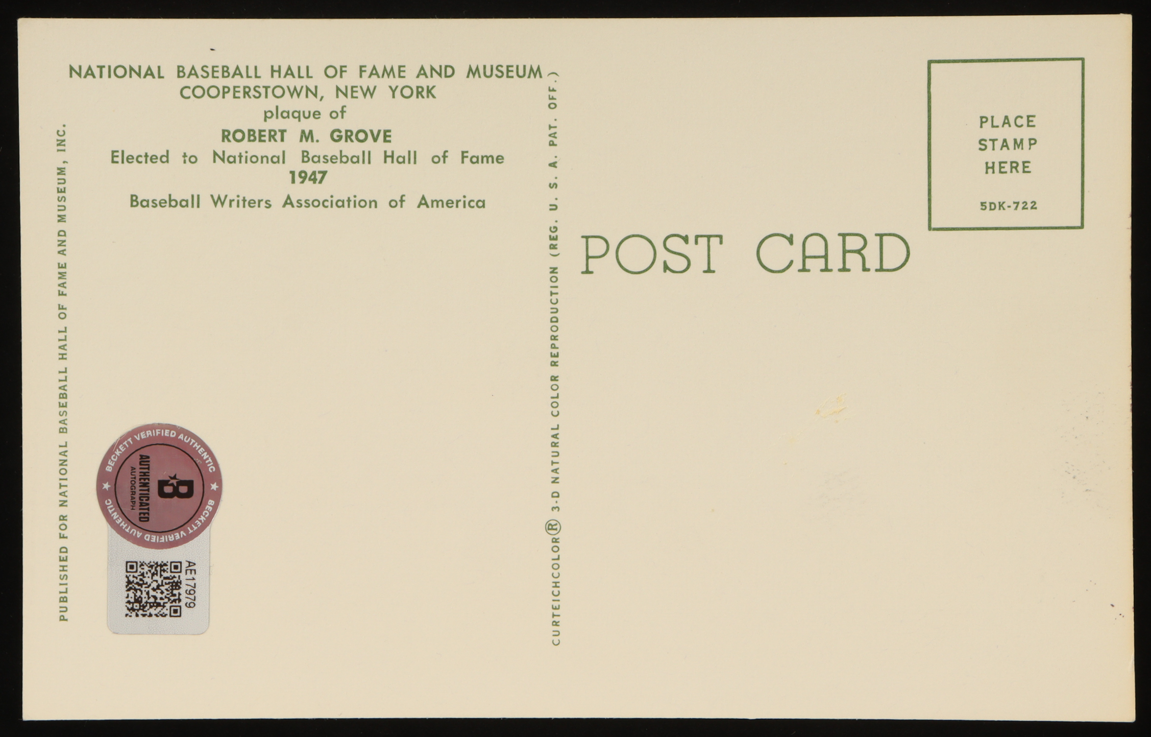 Robert "Lefty" Grove Signed Hall of Fame Plaque Postcard (Beckett) at PristineAuction.com Robert "Lefty" Grove Signed Hall of Fame Plaque Postcard (Beckett) at PristineAuction.com