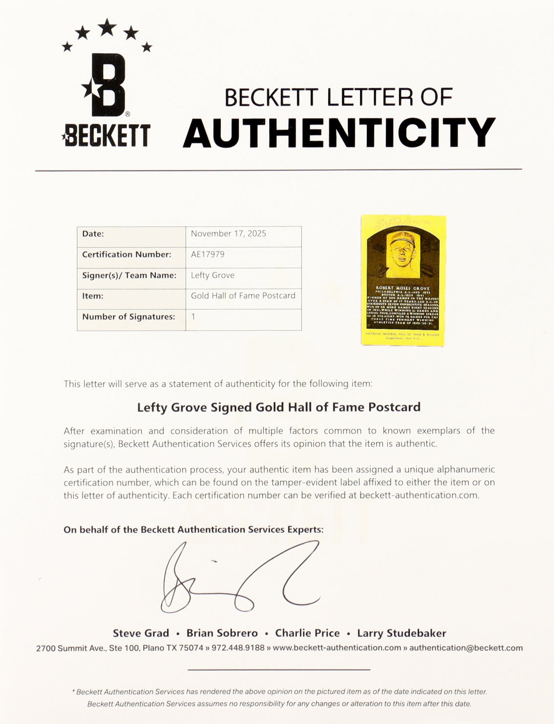 Robert "Lefty" Grove Signed Hall of Fame Plaque Postcard (Beckett) at PristineAuction.com Robert "Lefty" Grove Signed Hall of Fame Plaque Postcard (Beckett) at PristineAuction.com