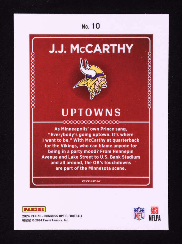 JJ McCarthy 2024 Donruss Optic Uptowns #10 RC at PristineAuction.com JJ McCarthy 2024 Donruss Optic Uptowns #10 RC at PristineAuction.com