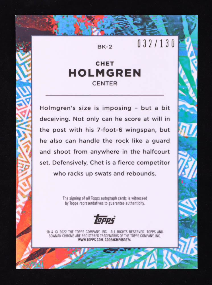 Chet Holmgren 2021-22 Bowman Chrome University The Big Kahuna Autographs #BK2 RC #32/130 at PristineAuction.com Chet Holmgren 2021-22 Bowman Chrome University The Big Kahuna Autographs #BK2 RC #32/130 at PristineAuction.com