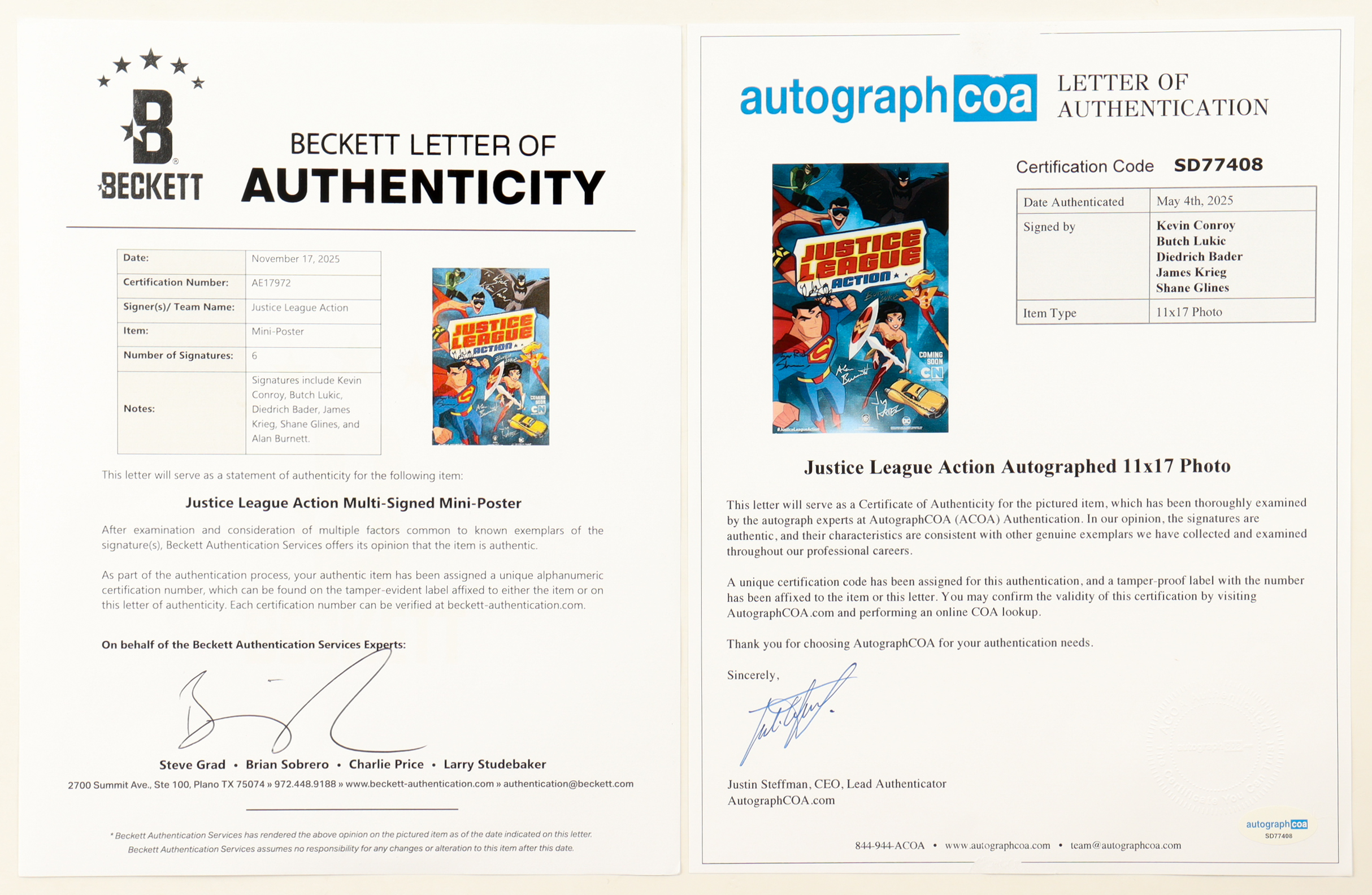 "Justice League Action" 11x17 Poster Print Signed By (6) with Kevin Conroy, Diedrich Bader, Alan Burnett, Butch Lukic (Beckett & AutographCOA) at PristineAuction.com "Justice League Action" 11x17 Poster Print Signed By (6) with Kevin Conroy, Diedrich Bader, Alan Burnett, Butch Lukic (Beckett & AutographCOA) at PristineAuction.com