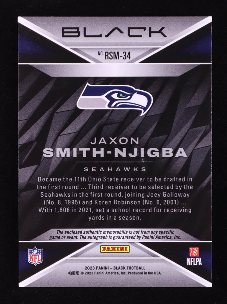 Jaxon Smith-Njigba 2023 Panini Black Rookie Signature Materials Citrine #34 #32/50 RC at PristineAuction.com Jaxon Smith-Njigba 2023 Panini Black Rookie Signature Materials Citrine #34 #32/50 RC at PristineAuction.com