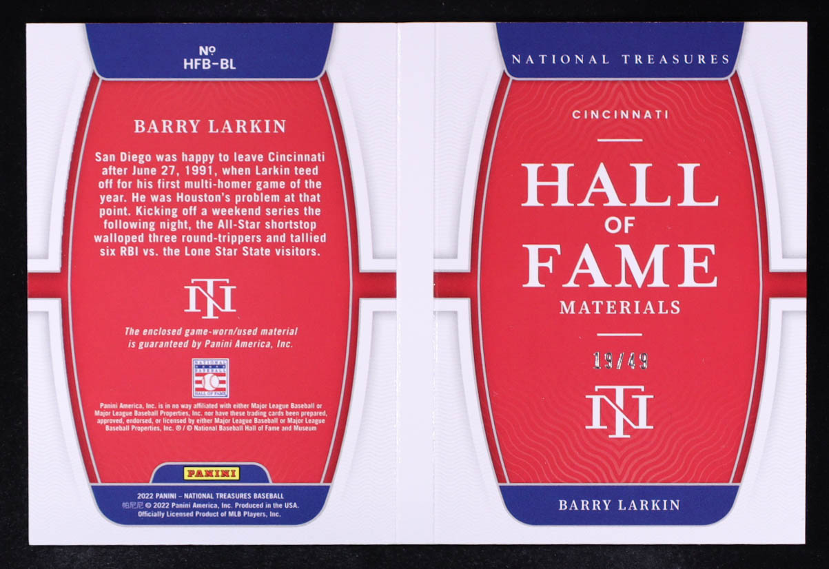 Barry Larkin 2022 Panini National Treasures Hall of Fame Materials Booklet #1 #19/49 at PristineAuction.com Barry Larkin 2022 Panini National Treasures Hall of Fame Materials Booklet #1 #19/49 at PristineAuction.com