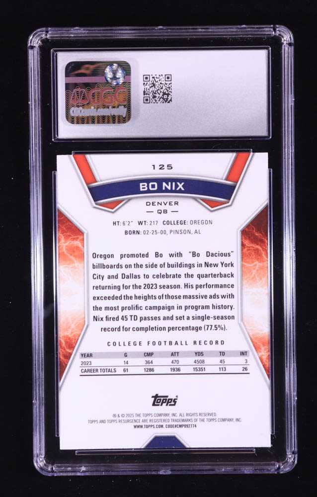 Bo Nix 2024 Topps Resurgence #125 RC (CGC 10) at PristineAuction.com Bo Nix 2024 Topps Resurgence #125 RC (CGC 10) at PristineAuction.com