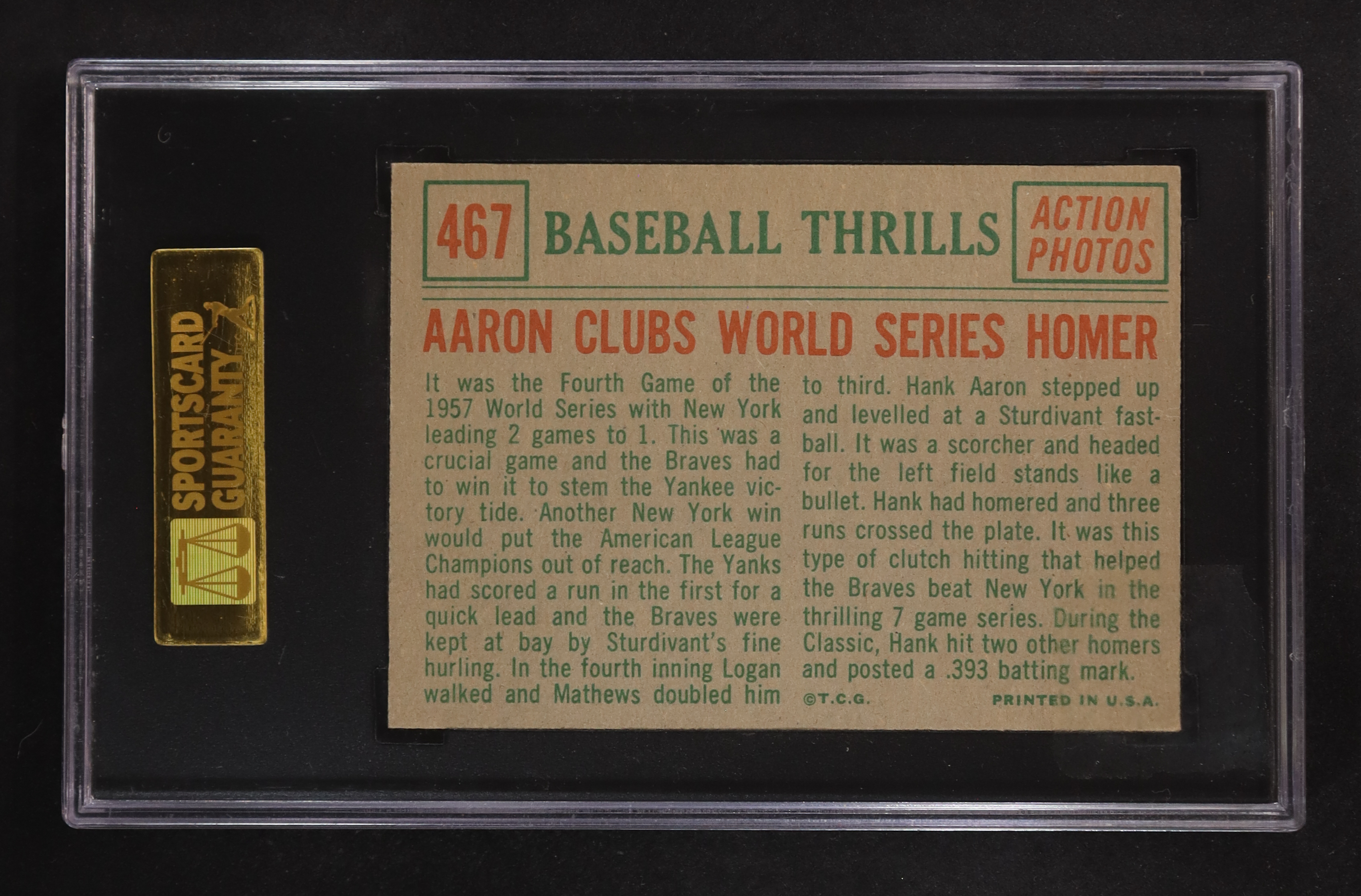 Hank Aaron 1959 Topps #467 BT / WS Homer (SGC 3) at PristineAuction.com Hank Aaron 1959 Topps #467 BT / WS Homer (SGC 3) at PristineAuction.com