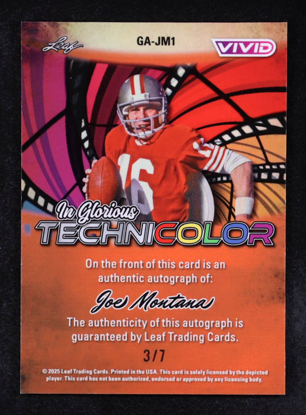 Joe Montana 2025 Leaf Vivid In Glorious Technicolor Autographs Prismatic Purple #GAJM1 #3/7 at PristineAuction.com Joe Montana 2025 Leaf Vivid In Glorious Technicolor Autographs Prismatic Purple #GAJM1 #3/7 at PristineAuction.com