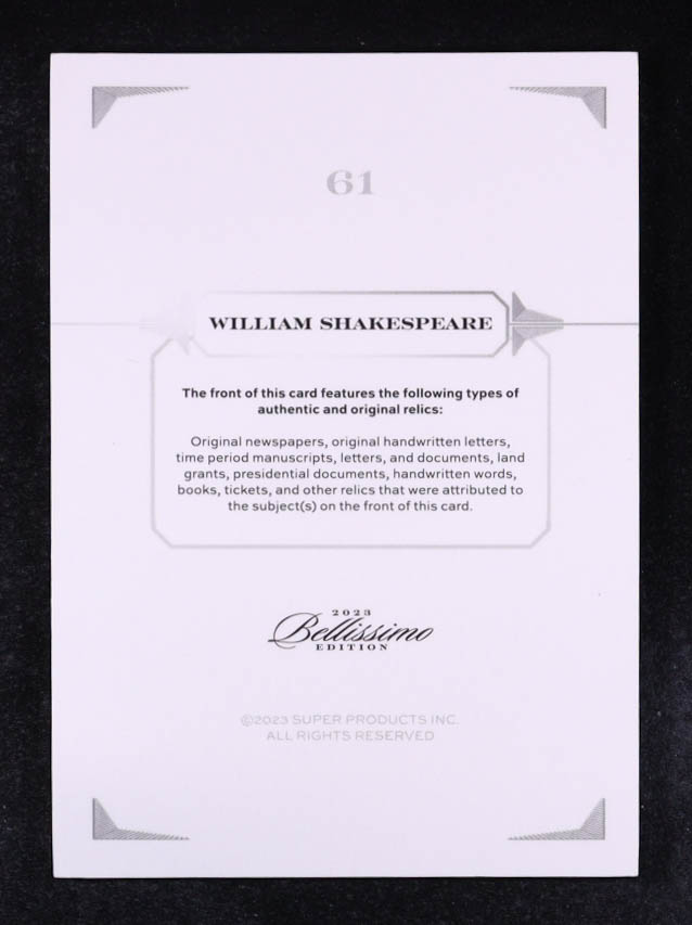 William Shakespeare 2023 Keepsake Collection Bellissimo Edition Relics Silver #61 #21/99 at PristineAuction.com William Shakespeare 2023 Keepsake Collection Bellissimo Edition Relics Silver #61 #21/99 at PristineAuction.com