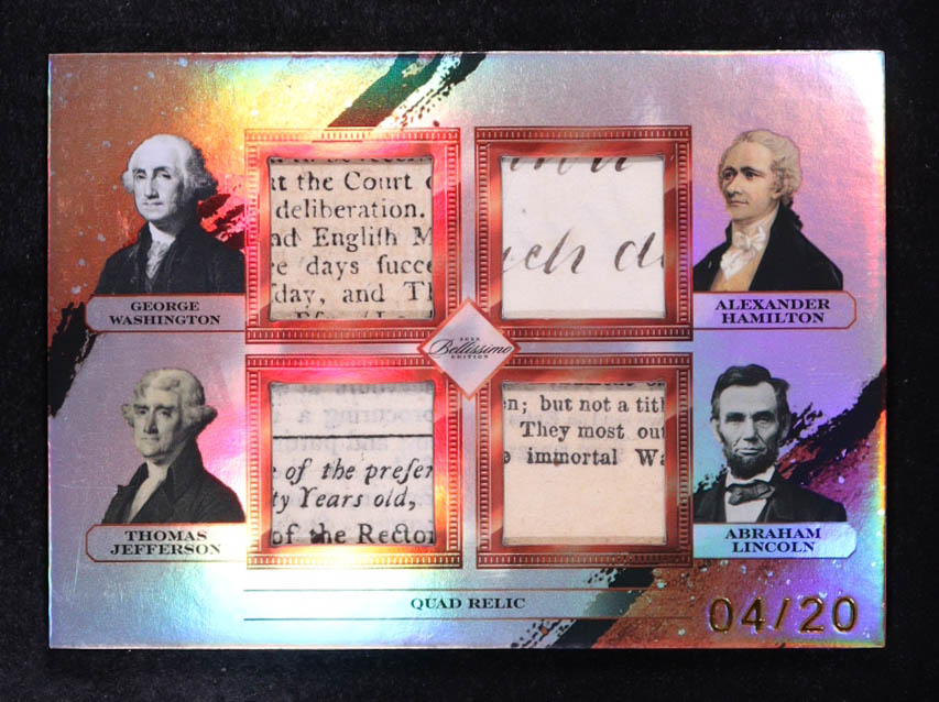 George Washington / Thomas Jefferson / Alexander Hamilton / Abraham Lincoln 2023 Keepsake Collection Bellissimo Edition Quad Relics Red #150 #04/20 at PristineAuction.com George Washington / Thomas Jefferson / Alexander Hamilton / Abraham Lincoln 2023 Keepsake Collection Bellissimo Edition Quad Relics Red #150 #04/20 at PristineAuction.com