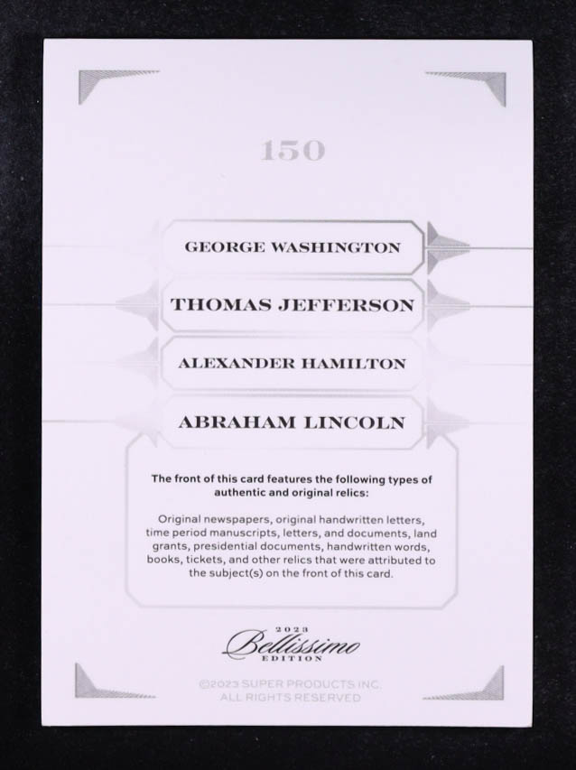 George Washington / Thomas Jefferson / Alexander Hamilton / Abraham Lincoln 2023 Keepsake Collection Bellissimo Edition Quad Relics Red #150 #04/20 at PristineAuction.com George Washington / Thomas Jefferson / Alexander Hamilton / Abraham Lincoln 2023 Keepsake Collection Bellissimo Edition Quad Relics Red #150 #04/20 at PristineAuction.com