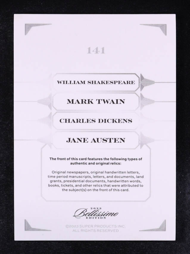 William Shakespeare / Mark Twain / Charles Dickens / Jane Austen 2023 Keepsake Collection Bellissimo Edition Quad Relics Silver #141 #14/99 at PristineAuction.com William Shakespeare / Mark Twain / Charles Dickens / Jane Austen 2023 Keepsake Collection Bellissimo Edition Quad Relics Silver #141 #14/99 at PristineAuction.com