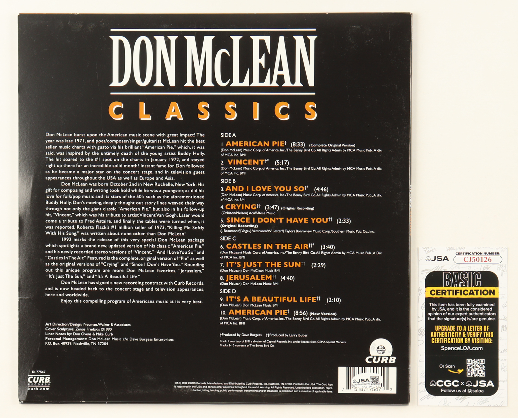 Don McLean Signed "Classics" Vinyl Record Album (JSA) at PristineAuction.com Don McLean Signed "Classics" Vinyl Record Album (JSA) at PristineAuction.com