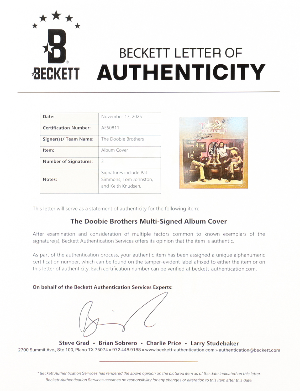Patrick Simmons, Keith Knudsen & Tom Johnston Signed "Toulouse Street" Vinyl Record Album Cover Inscribed "Doobies" (Beckett) at PristineAuction.com Patrick Simmons, Keith Knudsen & Tom Johnston Signed "Toulouse Street" Vinyl Record Album Cover Inscribed "Doobies" (Beckett) at PristineAuction.com