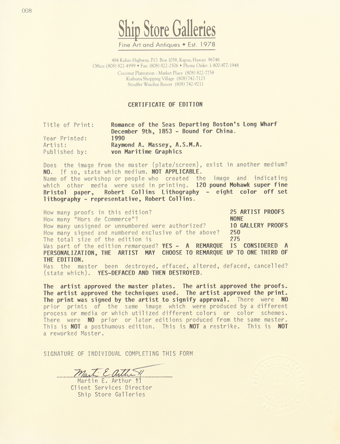 "Romance of the Seas Departing Boston's Long Wharf" 27x34 LE Signed Lithograph by Robert Massey #23/250 (Ship Store Galleries) at PristineAuction.com "Romance of the Seas Departing Boston's Long Wharf" 27x34 LE Signed Lithograph by Robert Massey #23/250 (Ship Store Galleries) at PristineAuction.com