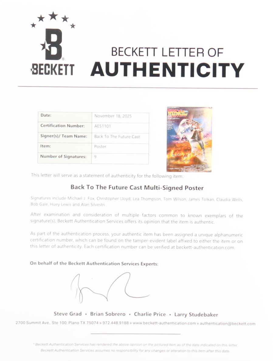 "Back to the Future" 27x40 Movie Poster Cast-Signed By (9) With Michael J. Fox, Claudia Wells, Christopher Lloyd, Thomas Wilson (Beckett) at PristineAuction.com "Back to the Future" 27x40 Movie Poster Cast-Signed By (9) With Michael J. Fox, Claudia Wells, Christopher Lloyd, Thomas Wilson (Beckett) at PristineAuction.com