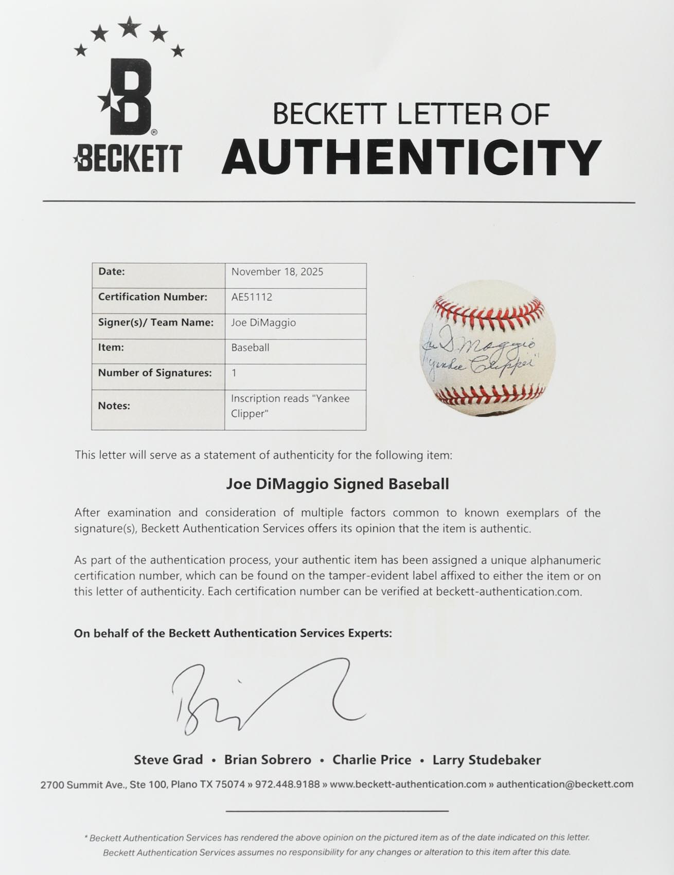 Joe DiMaggio Signed OL Player Portrait Baseball Inscribed "Yankee Clipper" (Beckett) at PristineAuction.com Joe DiMaggio Signed OL Player Portrait Baseball Inscribed "Yankee Clipper" (Beckett) at PristineAuction.com