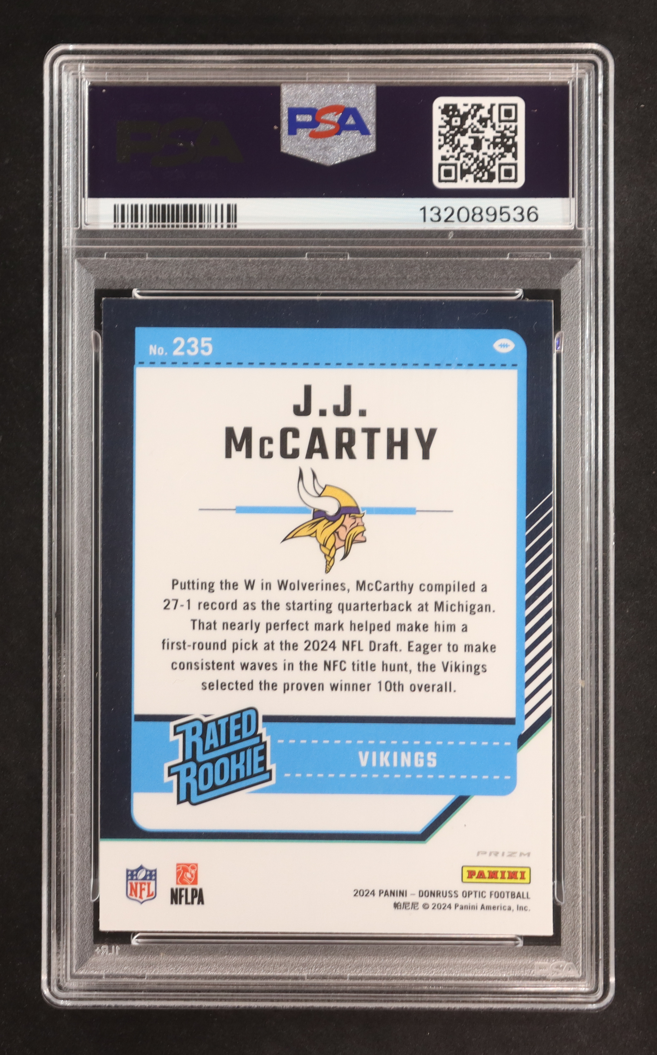 JJ McCarthy RR 2024 Donruss Optic Blue Glitter #235 RR (PSA 9) at PristineAuction.com JJ McCarthy RR 2024 Donruss Optic Blue Glitter #235 RR (PSA 9) at PristineAuction.com