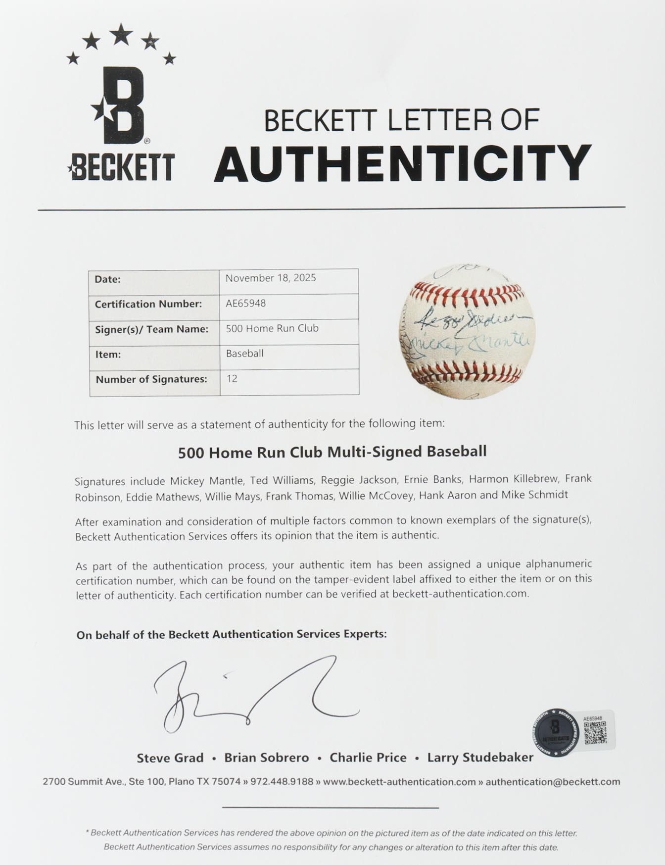 "500 Home Run Club" OAL Baseball Signed By (12) With Mickey Mantle, Willie Mays, Hank Aaron, Ted Williams (Beckett) at PristineAuction.com "500 Home Run Club" OAL Baseball Signed By (12) With Mickey Mantle, Willie Mays, Hank Aaron, Ted Williams (Beckett) at PristineAuction.com