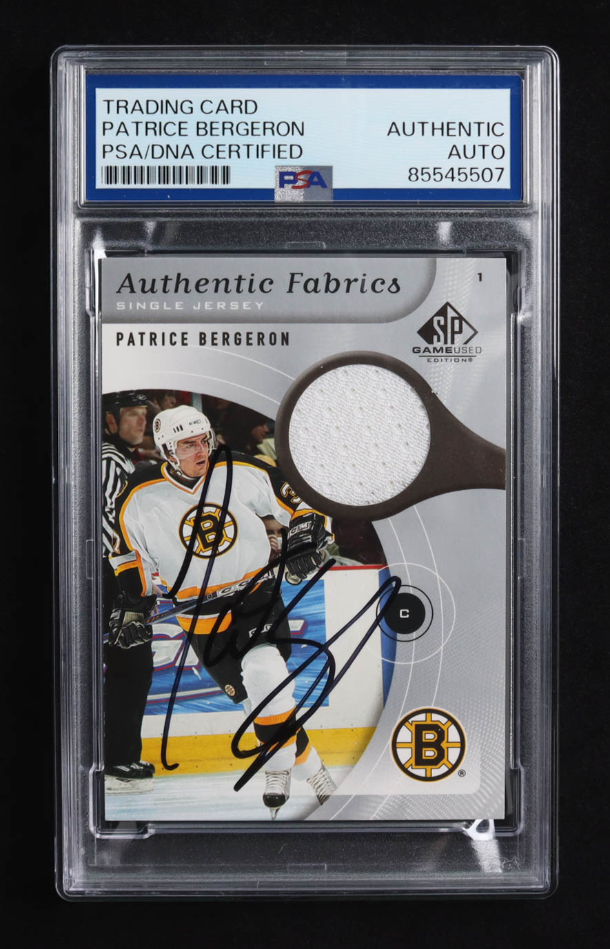 Patrice Bergeron Signed 2005-06 SP Game Used Authentic Fabrics #AFPB (PSA) at PristineAuction.com Patrice Bergeron Signed 2005-06 SP Game Used Authentic Fabrics #AFPB (PSA) at PristineAuction.com
