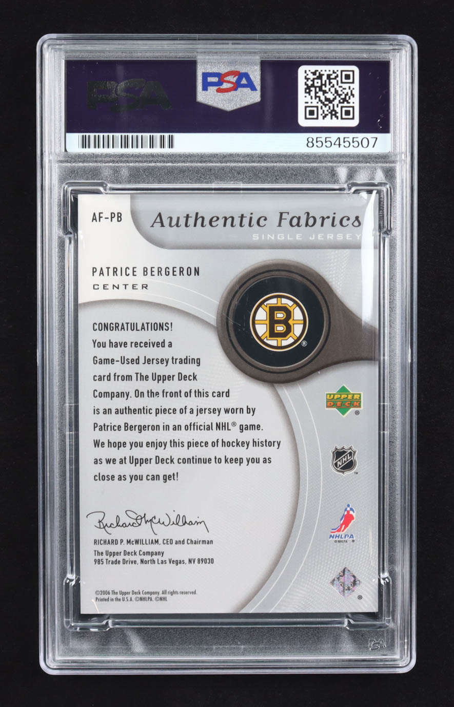 Patrice Bergeron Signed 2005-06 SP Game Used Authentic Fabrics #AFPB (PSA) at PristineAuction.com Patrice Bergeron Signed 2005-06 SP Game Used Authentic Fabrics #AFPB (PSA) at PristineAuction.com