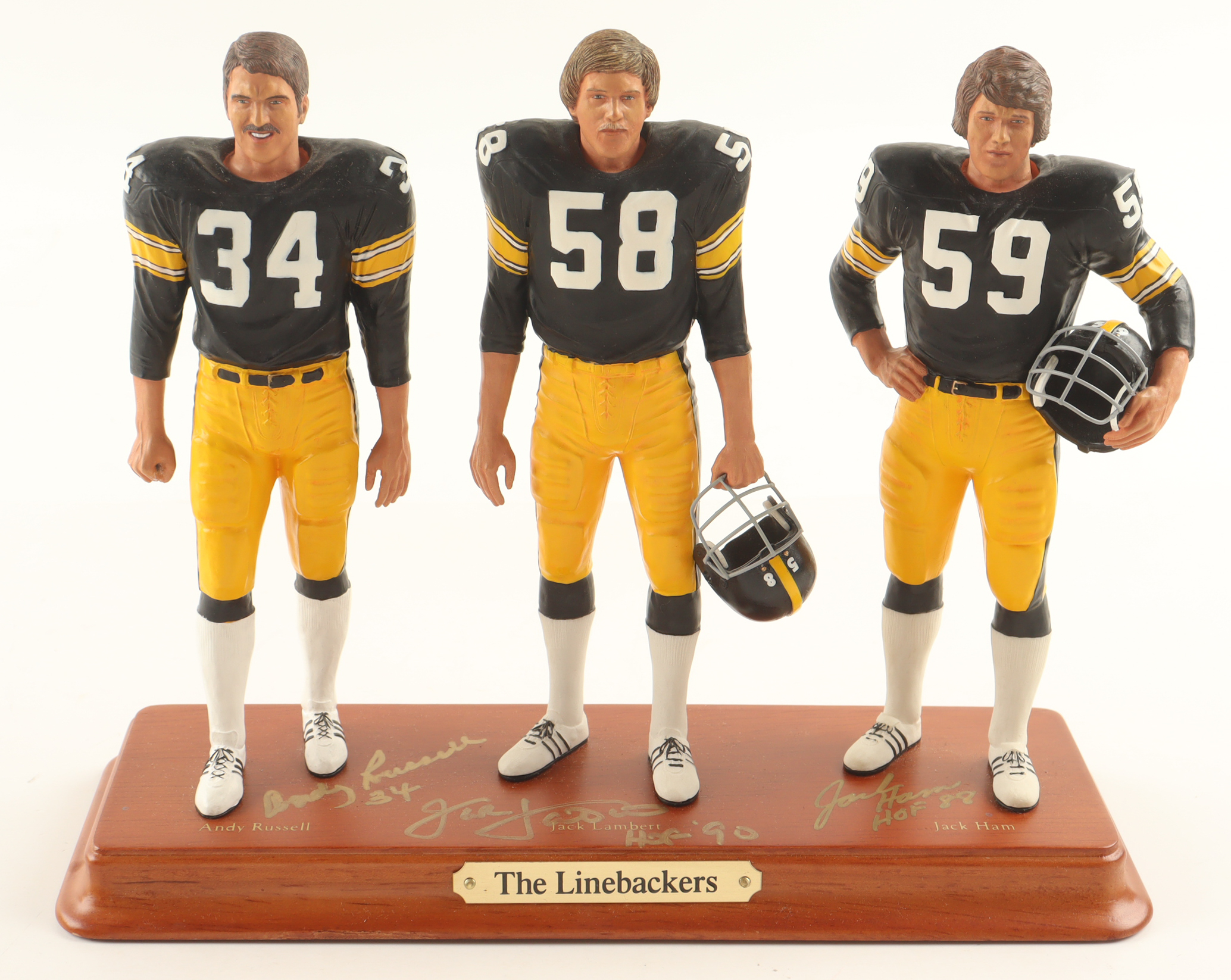 Andy Russell, Jack Lambert & Jack Ham Signed Steelers "The Linebackers" Statue Set Inscribed "HOF 90" & "HOF 88" (Beckett) at PristineAuction.com Andy Russell, Jack Lambert & Jack Ham Signed Steelers "The Linebackers" Statue Set Inscribed "HOF 90" & "HOF 88" (Beckett) at PristineAuction.com