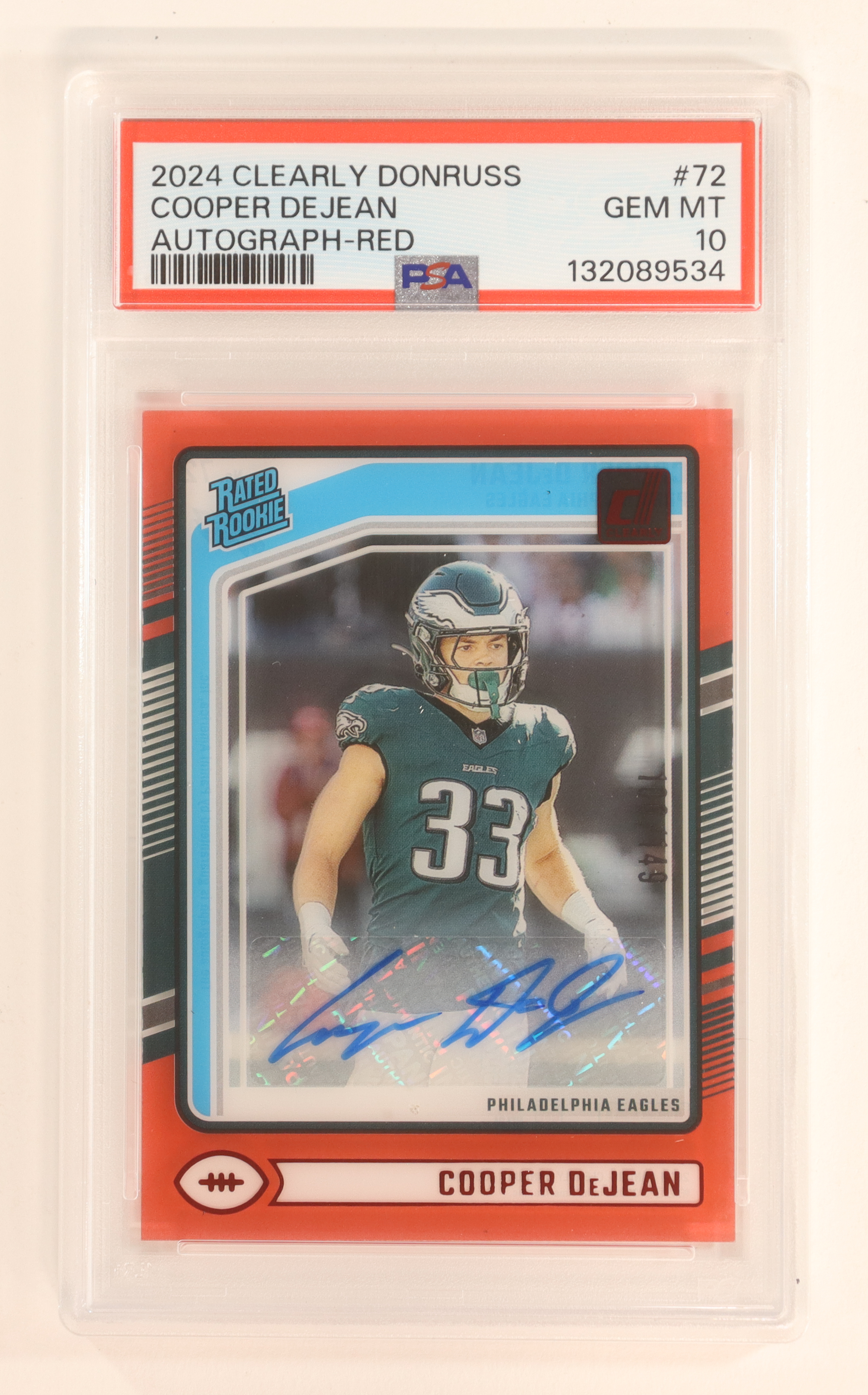 Cooper DeJean 2024 Clearly Donruss Clearly Rated Rookie Autographs Red #72 RR (PSA 10) at PristineAuction.com Cooper DeJean 2024 Clearly Donruss Clearly Rated Rookie Autographs Red #72 RR (PSA 10) at PristineAuction.com