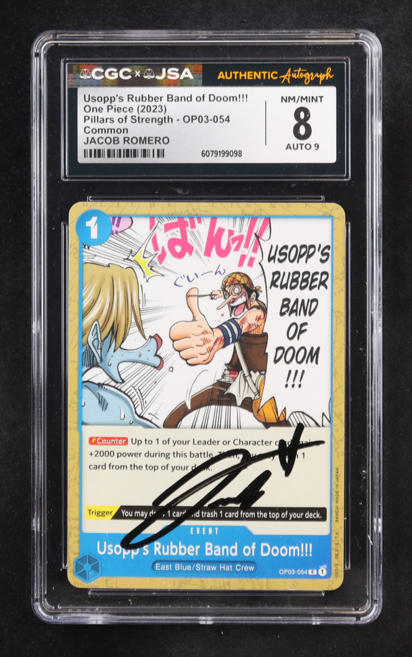Jacob Romero 2023 Usopp's Rubber Band of Doom!!! One Piece Card Game Pillars of Strength C #OP03-054 (CGC 8 | Autograph Graded CGC 9) at PristineAuction.com Jacob Romero 2023 Usopp's Rubber Band of Doom!!! One Piece Card Game Pillars of Strength C #OP03-054 (CGC 8 | Autograph Graded CGC 9) at PristineAuction.com
