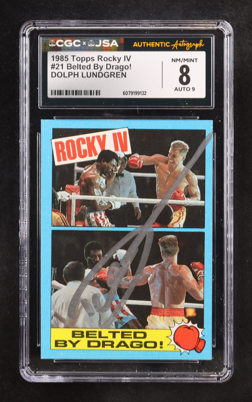 Dolph Lundgren 1985 Topps Rocky IV Belted By Drago! #21 (CGC 8 | Autograph Graded CGC 9) at PristineAuction.com Dolph Lundgren 1985 Topps Rocky IV Belted By Drago! #21 (CGC 8 | Autograph Graded CGC 9) at PristineAuction.com