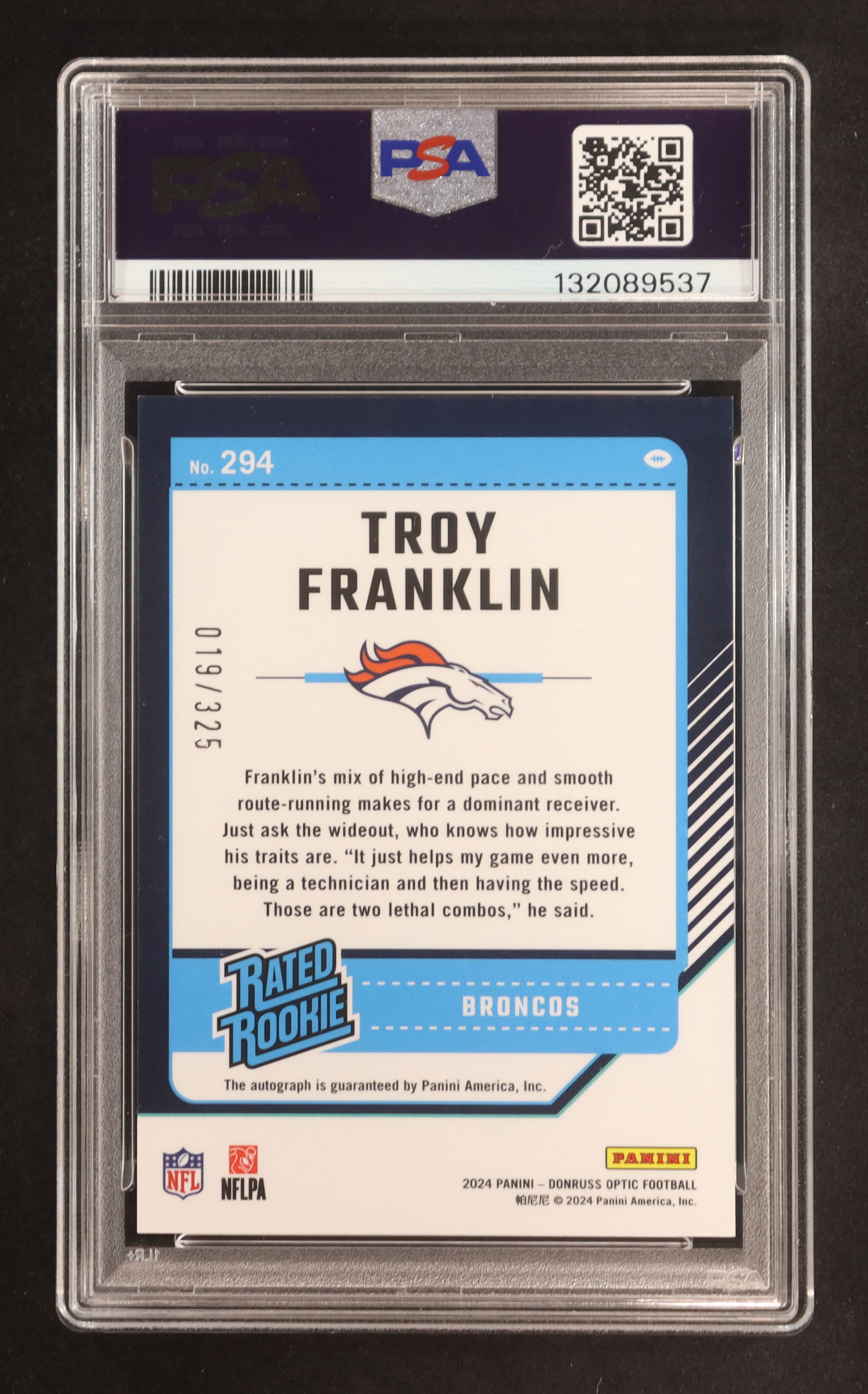 Troy Franklin 2024 Donruss Optic Rated Rookies RPS Autographs #294 # 019/325 RR (PSA 10) at PristineAuction.com Troy Franklin 2024 Donruss Optic Rated Rookies RPS Autographs #294 # 019/325 RR (PSA 10) at PristineAuction.com