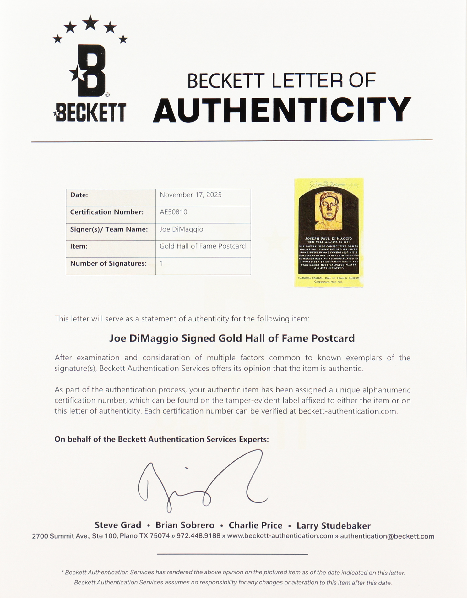 Joe DiMaggio Signed Hall of Fame Plaque Postcard (Beckett) at PristineAuction.com Joe DiMaggio Signed Hall of Fame Plaque Postcard (Beckett) at PristineAuction.com