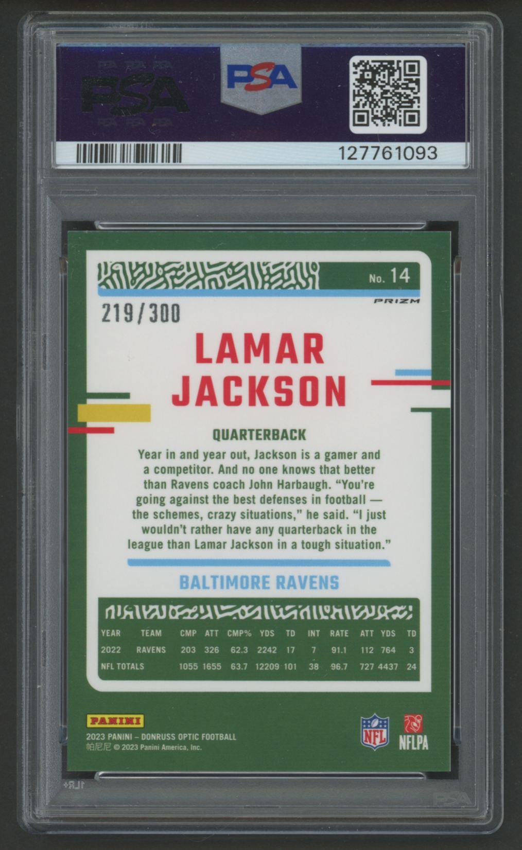 Lamar Jackson 2023 Donruss Optic Wave #14 #219/300 (PSA 10) at PristineAuction.com Lamar Jackson 2023 Donruss Optic Wave #14 #219/300 (PSA 10) at PristineAuction.com