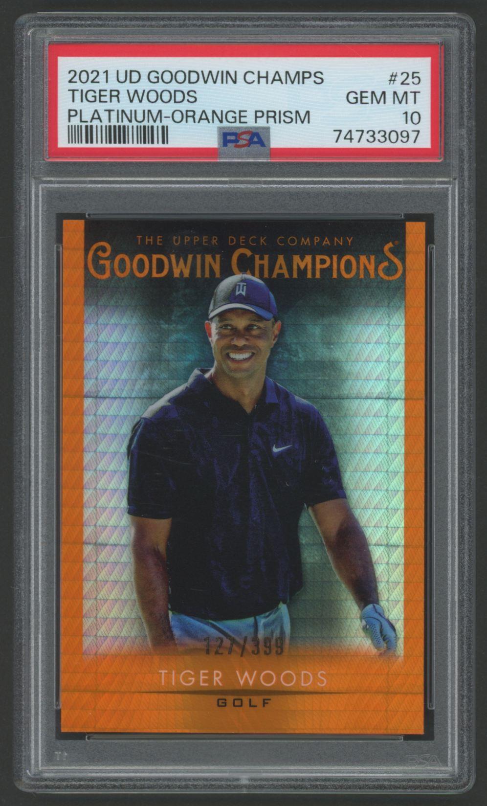 Tiger Woods 2021 UD Goodwin Champions Platinum Orange Prism #25 #127/399 (PSA 10) at PristineAuction.com Tiger Woods 2021 UD Goodwin Champions Platinum Orange Prism #25 #127/399 (PSA 10) at PristineAuction.com