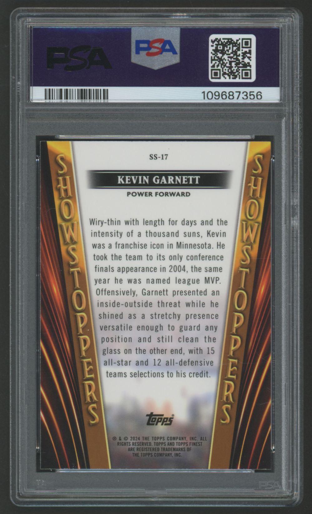 Kevin Garnett 2023 Finest Showstoppers Purple Checkerboard #SS17 #9/125 (PSA 10) at PristineAuction.com Kevin Garnett 2023 Finest Showstoppers Purple Checkerboard #SS17 #9/125 (PSA 10) at PristineAuction.com