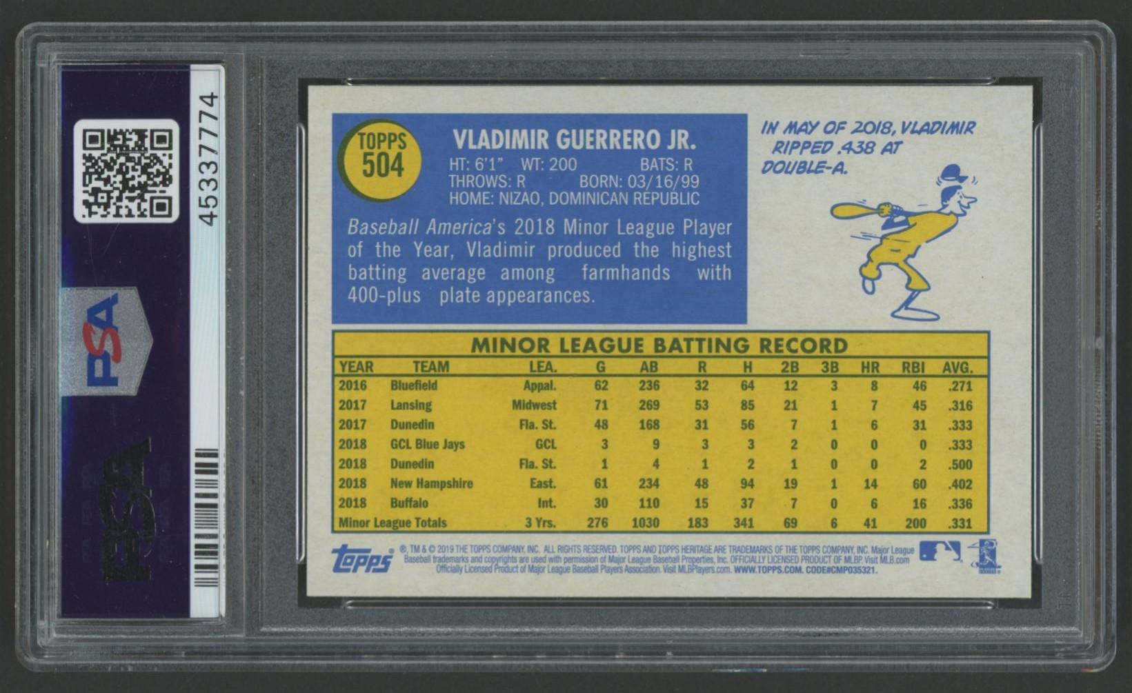 Vladimir Guerrero Jr. 2019 Topps Heritage #504 RC (PSA 10) at PristineAuction.com Vladimir Guerrero Jr. 2019 Topps Heritage #504 RC (PSA 10) at PristineAuction.com