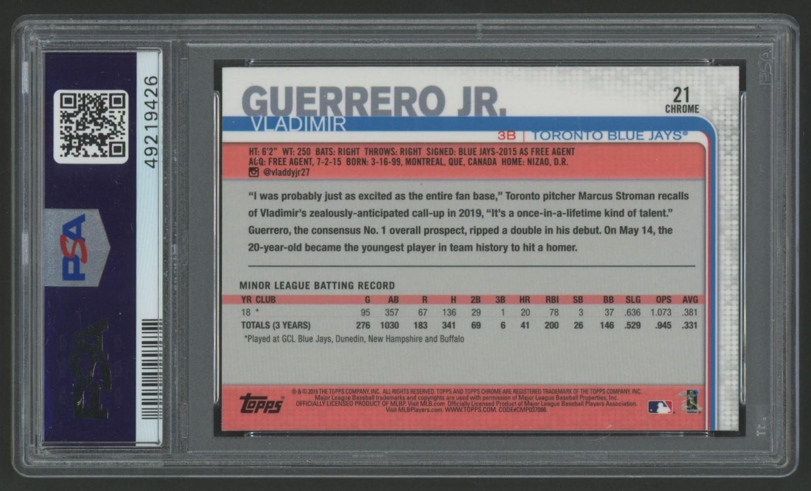 Vladimir Guerrero Jr. 2019 Topps Chrome Update #21 RC (PSA 10) at PristineAuction.com Vladimir Guerrero Jr. 2019 Topps Chrome Update #21 RC (PSA 10) at PristineAuction.com