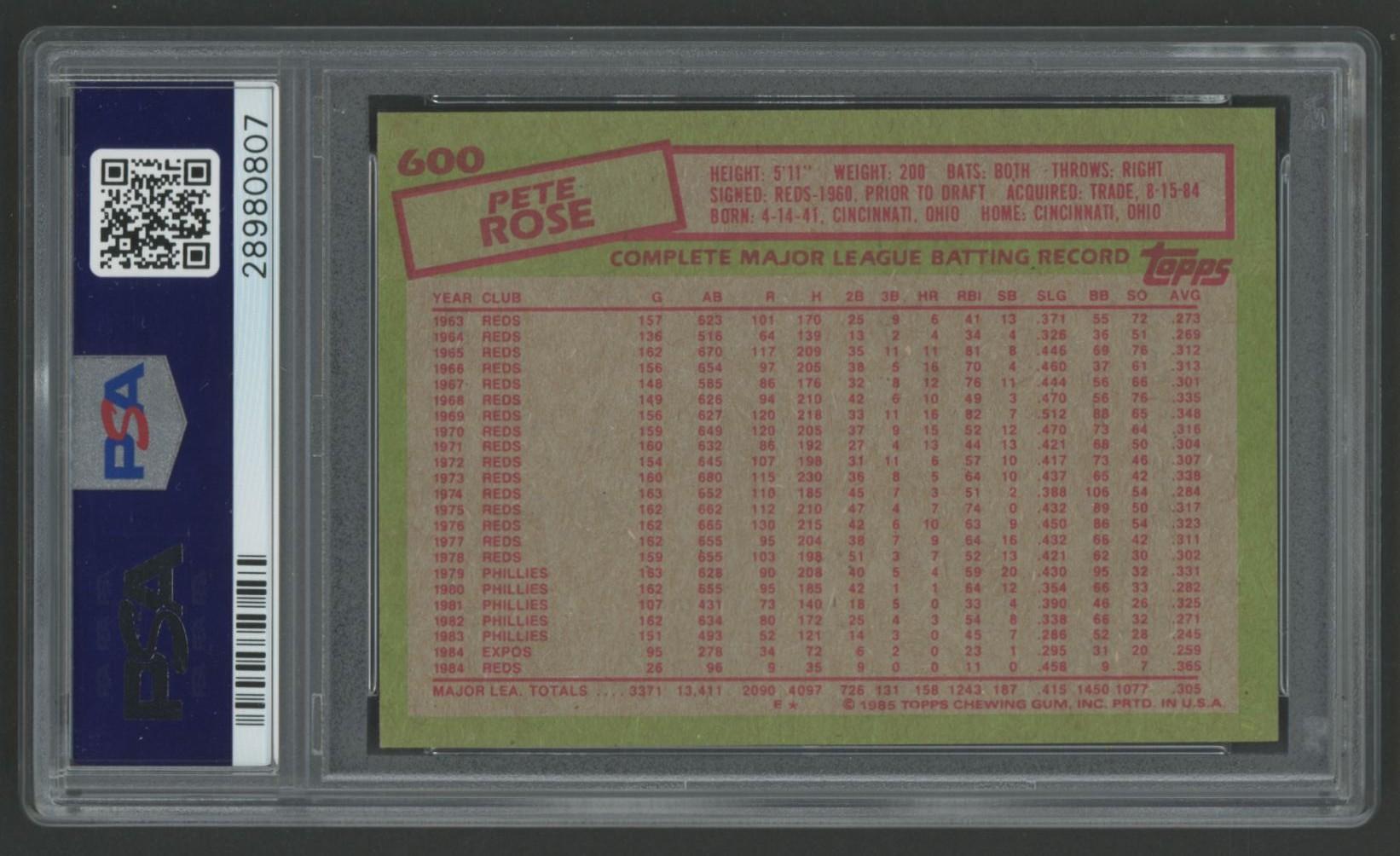 Pete Rose 1985 Topps #600 (PSA 9) at PristineAuction.com Pete Rose 1985 Topps #600 (PSA 9) at PristineAuction.com