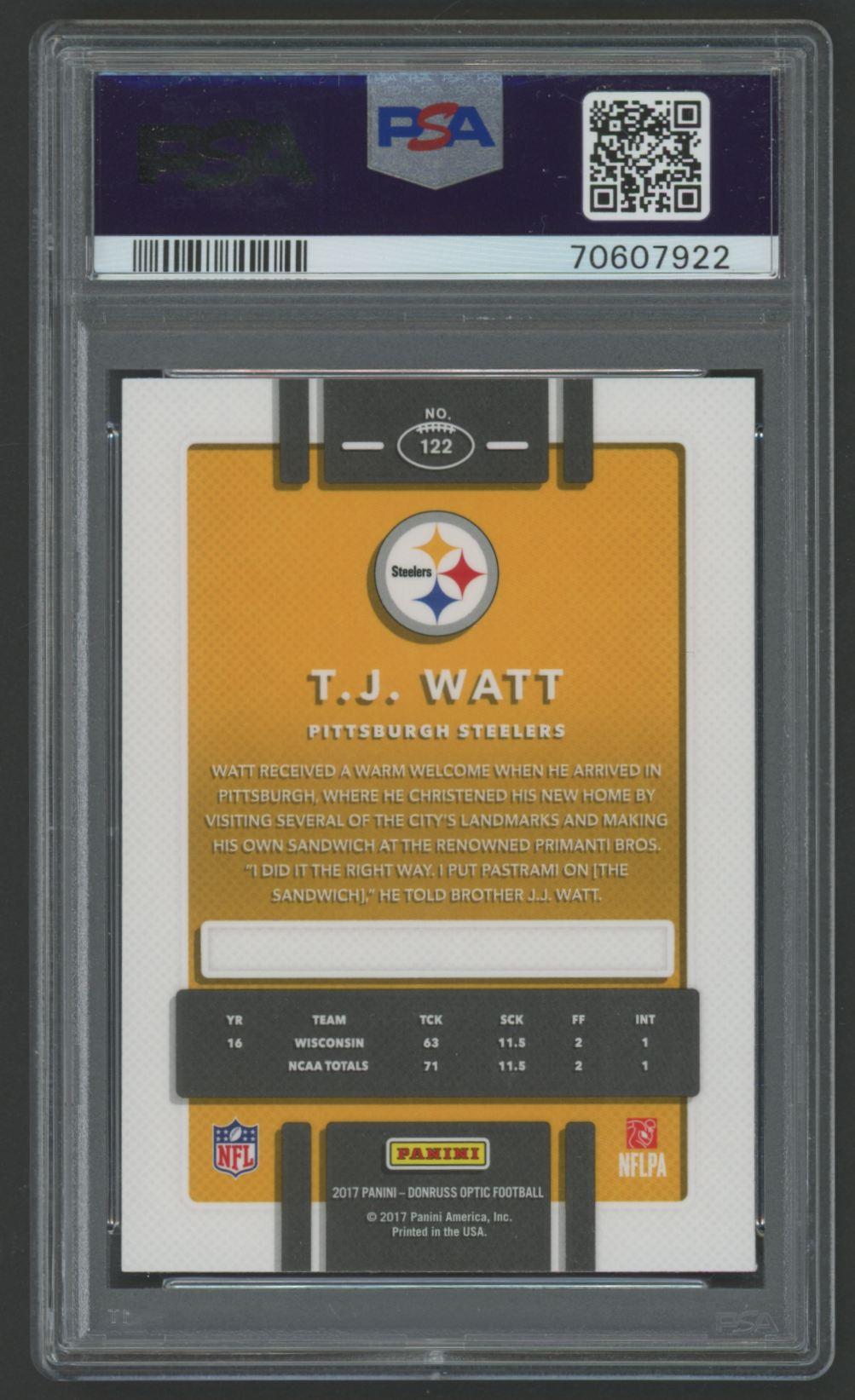 TJ Watt 2017 Donruss Optic #122 RC (PSA 9) at PristineAuction.com TJ Watt 2017 Donruss Optic #122 RC (PSA 9) at PristineAuction.com