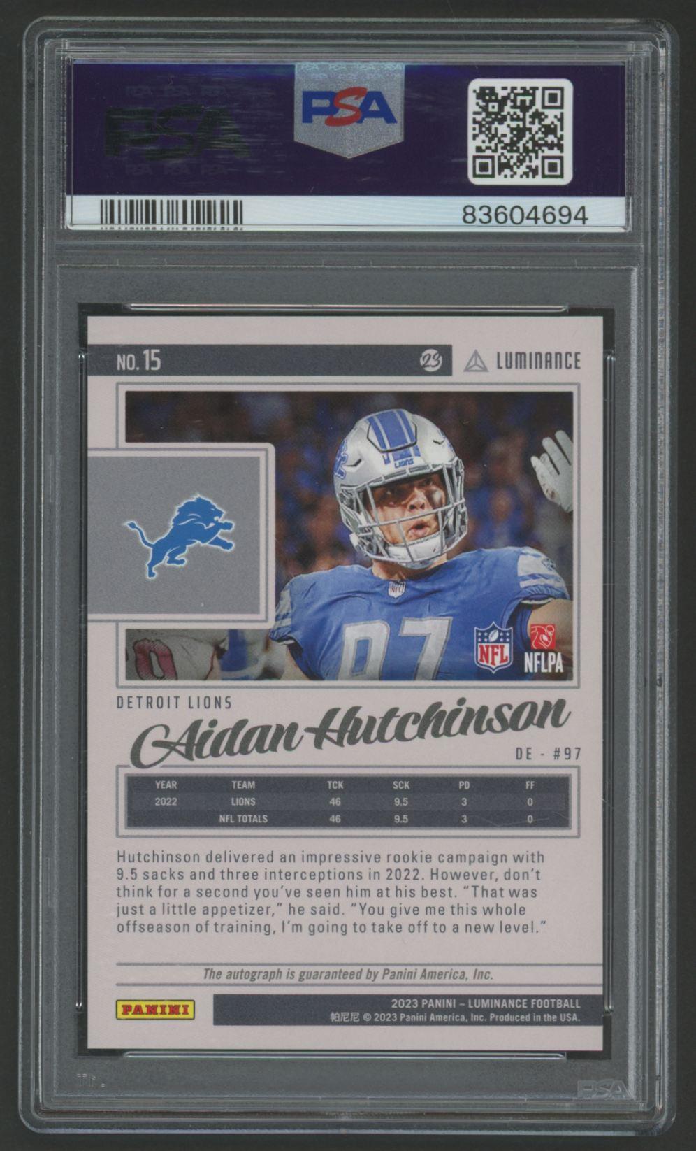 Aidan Hutchinson 2023 Luminance Autograph Gold #15 #77/100 (PSA 10) at PristineAuction.com Aidan Hutchinson 2023 Luminance Autograph Gold #15 #77/100 (PSA 10) at PristineAuction.com