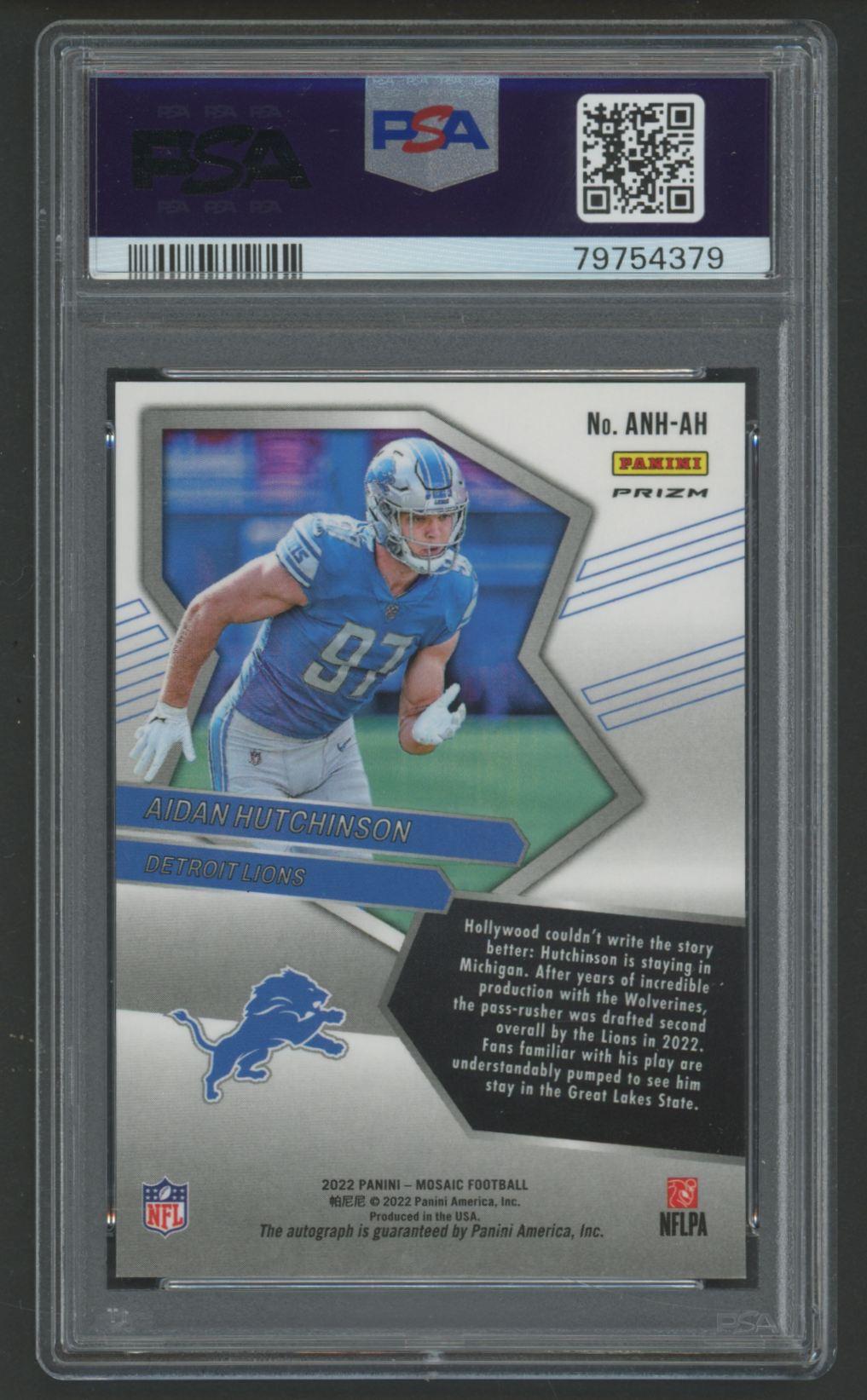 Aidan Hutchinson 2022 Mosaic Autographs No Huddle #ANHAH RC (PSA 10) at PristineAuction.com Aidan Hutchinson 2022 Mosaic Autographs No Huddle #ANHAH RC (PSA 10) at PristineAuction.com