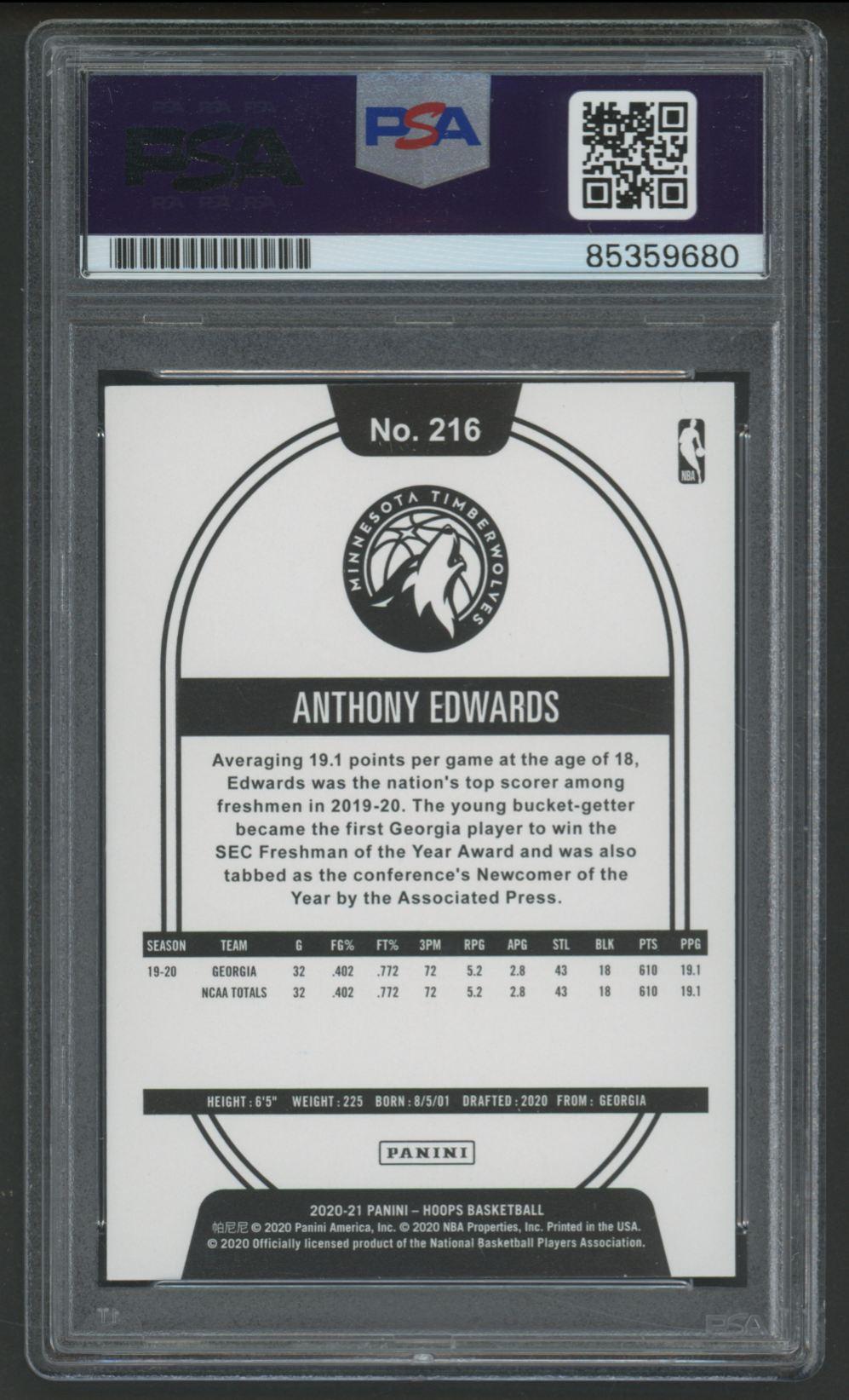 Anthony Edwards 2020 Panini NBA Hoops #216 (PSA | Auto 10) at PristineAuction.com Anthony Edwards 2020 Panini NBA Hoops #216 (PSA | Auto 10) at PristineAuction.com