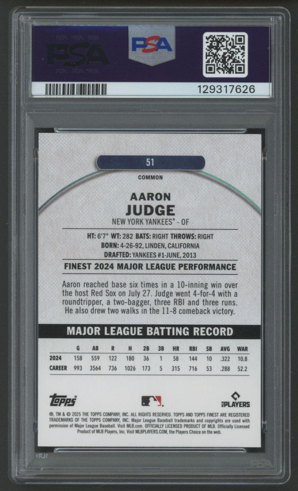 Aaron Judge 2025 Finest Checkerboard Refractor #51 (PSA 10) at PristineAuction.com Aaron Judge 2025 Finest Checkerboard Refractor #51 (PSA 10) at PristineAuction.com